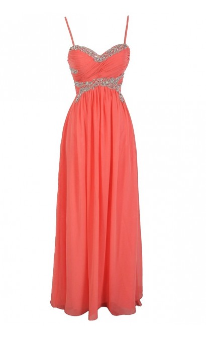 Elysian Dream Embellished Chiffon Designer Dress in Coral